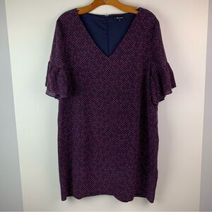 Madewell Women’s Navy Pink Painted Clover 100% Silk Bell Sleeve Dress Size 14